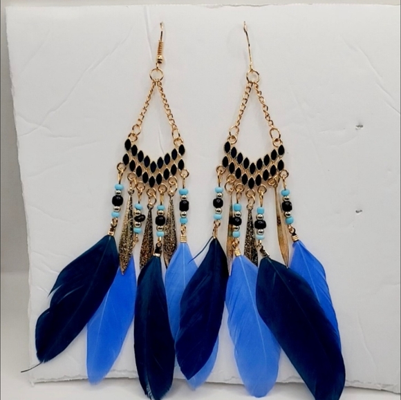 Feather Earrings for Women Bohemian Vintage Dreamcatcher Faux Feather Long Fring - Picture 2 of 5